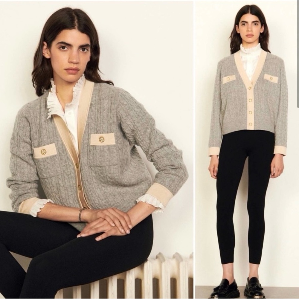 Sandro Jane Cable Knit Cropped Cardigan/Coatigan, Grey and Tan, Size Small/2-4